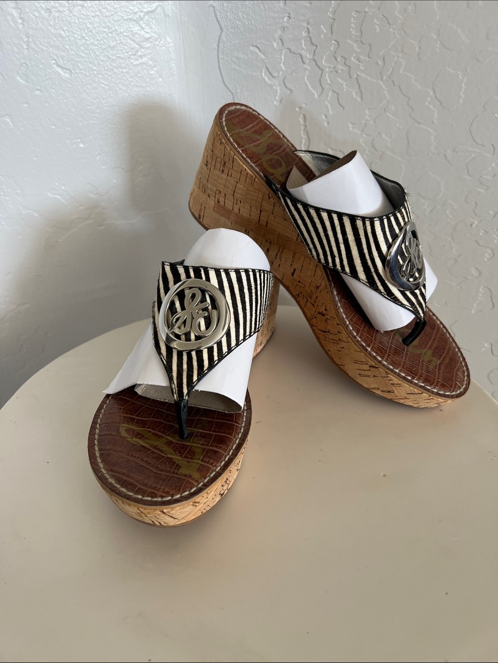 Sam Edelman Zebra Striped Black & White Cork Platform Wedge Thong Sandals